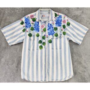 Amrav Shirt Womens Small Blue White Striped Floral Painted Button Up 90s Vintage